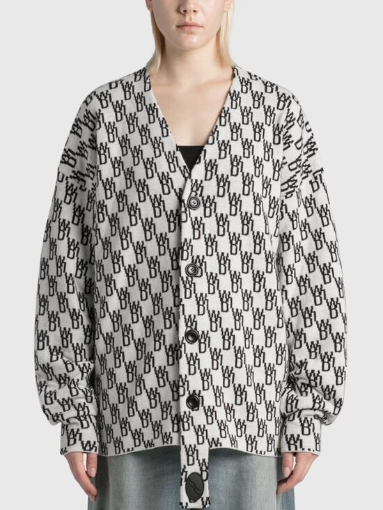 We11done Sweaters - WE11DONE WD1 White Black Logo Wool Cashmere Jacquard Cardigan Sweater, Size S